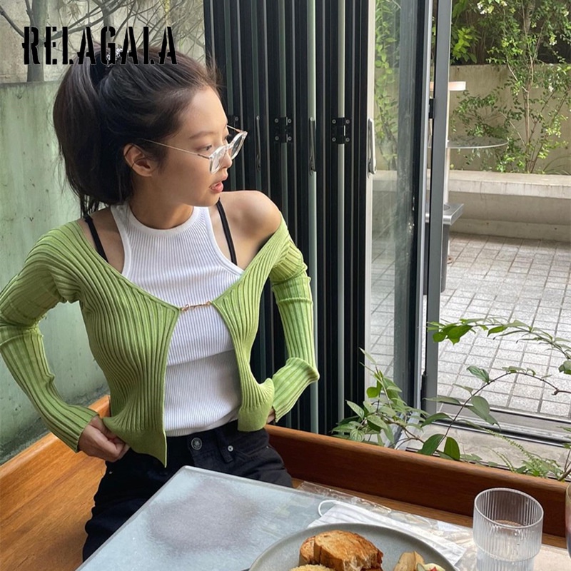 Áo Khoác Cardigan Tay Dài Phối Màu Tương Phản Cho Nữ