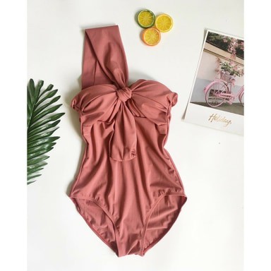 Bikini Liền Thân Lệch Vai Phối Nơ Ngực, Áo Tắm 1 Mảnh Đi Biển Hàn Quốc