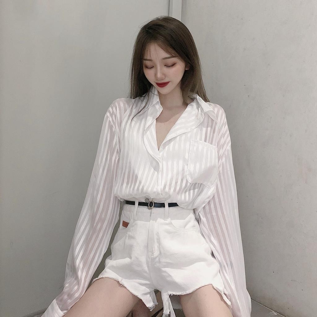 Áo khoác sơ mi tay dài dáng rộng kẻ sọc vải lụa mỏng thời trang mùa hè cho nữ