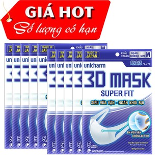 Combo 50 Cái Khẩu Trang Unicharm 3D Mask Superfit Ngăn Khói Bụi - 10 Bịch x 5 cái - Hàng tặng mẫu