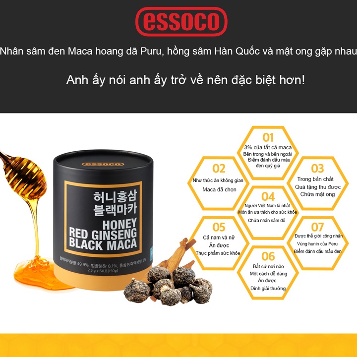 Bột Maca đen hồng sâm tẩm mật ong Essoco Honey Red Ginseng Black Maca - 1 HỘP 60 GÓI