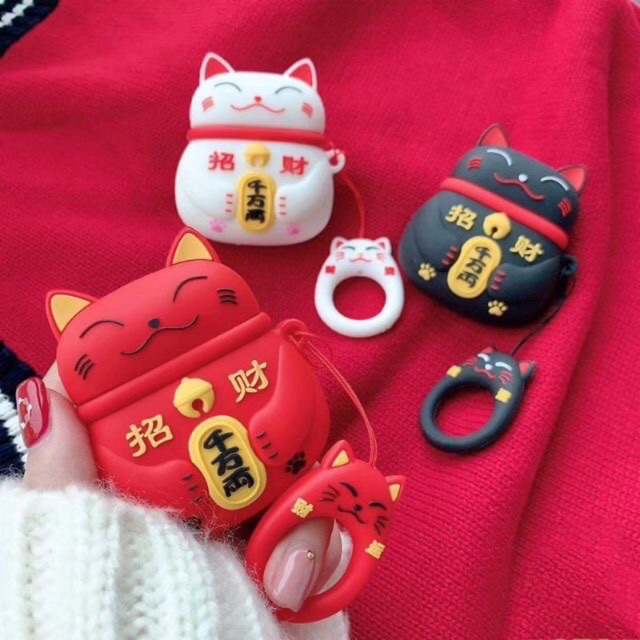 ☘️Tặng kèm móc tay☘️Case bao airpod silicon 1 2 PRO 3 MÈO THẦN TÀI MANG MAY MẮN - Vỏ bọc đựng tai nghe không dây i11 i12
