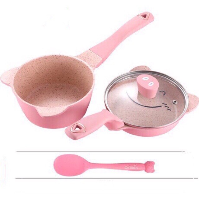 Bộ nồi và chảo đá Didinika tráng men chống dính size 16cm - tặng muỗng silicon