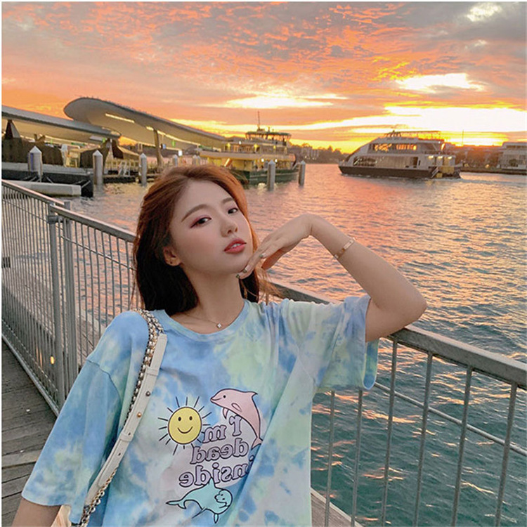 J&M️Ready Stock Women T Shirt Oversize Tie Dyed Short Sleeve Shirt Pink Blue Clothes Top Loose Women Shirt