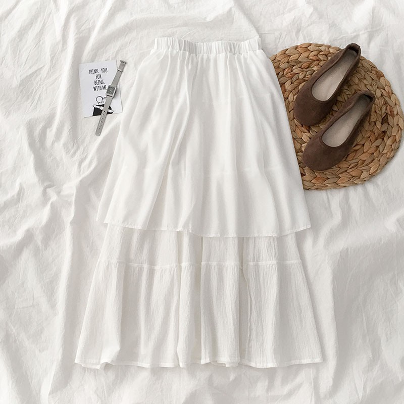 Chân váy trắng midi dáng dài vải đũi mềm nhẹ nhàng phối2  viền Vintage Hàn Quốc