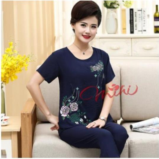 Bộ đồ trung niên nữ B56 Đũi hoa - Quần áo ngủ mặc nhà cho mẹ, người lớn tuổi - Thời trang đẹp mùa hè giá rẻ Bigsize ! #