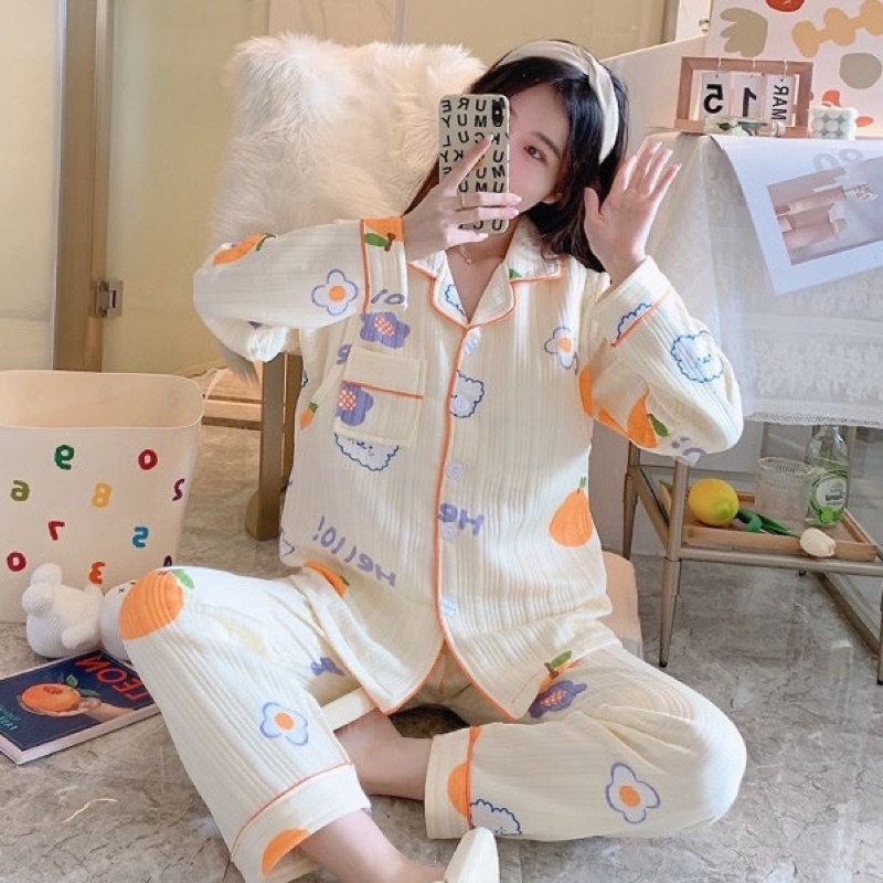 Bộ Pyjama Cotton Nỉ Dày Siêu Ấm Nữ Bầu Bí Thời Trang Đồ Ngủ Bạn Gái Cute Năng Động Dài Tay Quần Áo Mùa Đông Mã XĐN02 | BigBuy360 - bigbuy360.vn
