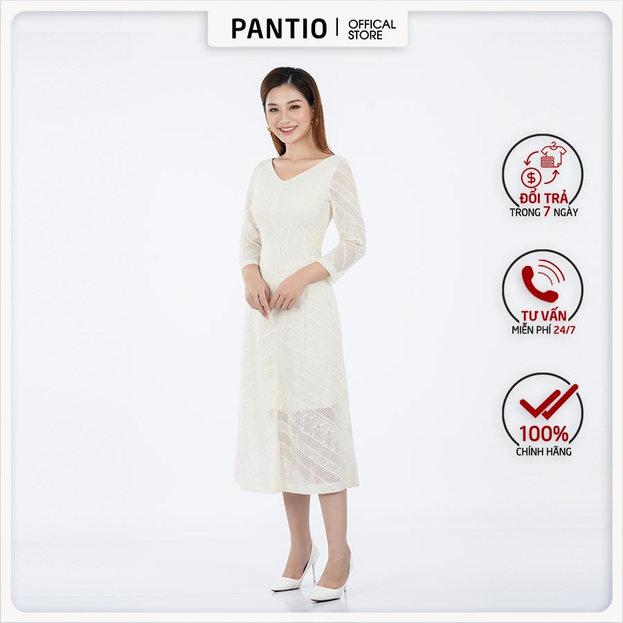 Đầm công sở chất liệu ren lưới dáng xòe cổ tim FDC92858 - PANTIO