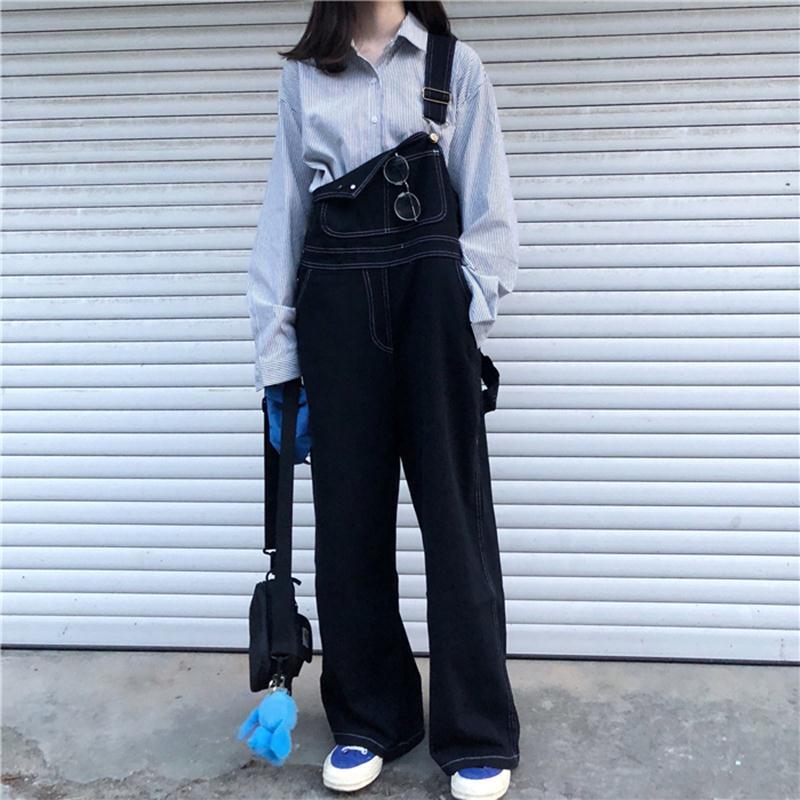 Quần Yếm Denim Ống Rộng Màu Đen Ống Rộng Phong Cách Hàn Quốc Retro Thời Trang Cho Nữ Mới