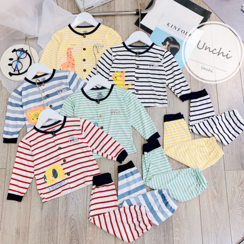 [6-16kg - Unchi chính hãng] Set bộ thun dài tay thu đông cúc giữa, bộ mặc điều hòa chất thun peptit 