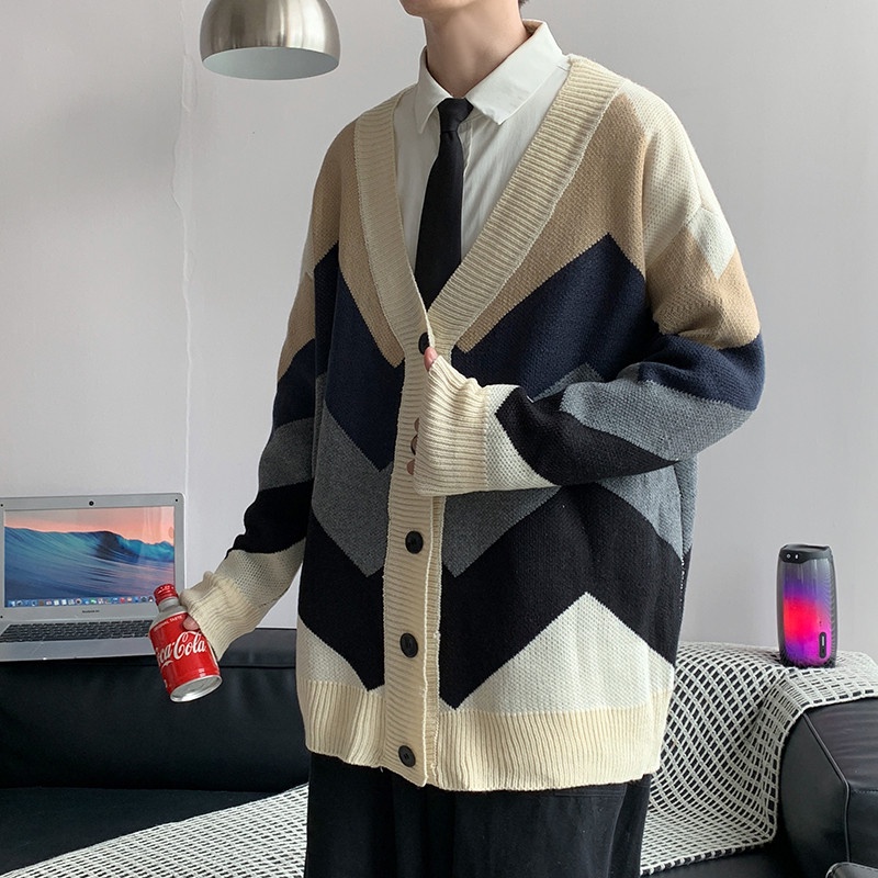 Áo cardigan nam oversize, áo khoác len nam dáng rộng phối màu trẻ trung
