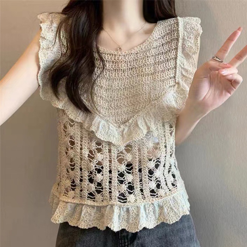 Áo Hai Dây Mỏng Không Tay Nhún Bèo Dễ Thương Cho Nữ