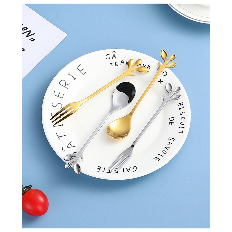 Bộ Muỗng Nĩa Ăn Tráng Miệng Hình Chiếc Lá Bằng Thép Không Gỉ Dễ Thương Xinh Xắn