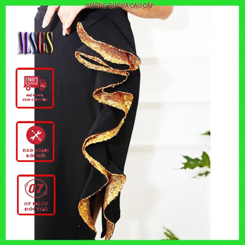 ĐẦM BODY DỰ TIỆC KIỂU ĐẦM ÔM BODY THUN PHỐI BÈO XÉO ĐÍNH KIM SA SANG TRỌNG