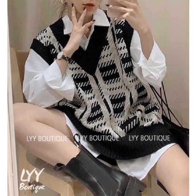 Áo gile len kẻ ô vuông cổ V dáng rộng mix đồ siêu xinh hàng Quảng Châu LYY BOUTIQUE | BigBuy360 - bigbuy360.vn