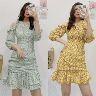 Đầm hoa nhí duôi cá khoét vai Cao Cấp xanh vàng cổ tròn tay dài dáng xòe ngắn, đi chơi dự tiệc, nổi bật tôn dáng - MiNhi