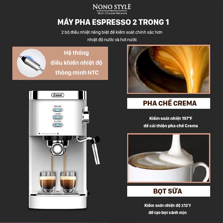 Máy pha cà phê GEVI pha các loại Cafe, Espresso có thể tháo rời công suất 1500W dễ dàng tháo rời