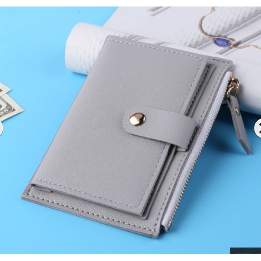 Ví Ngắn Bằng Da Có Khóa Kéo / Nhiều Ngăn Đựng Thẻ Màu Trơn Thời Trang Hàn Quốc Cho Nữ