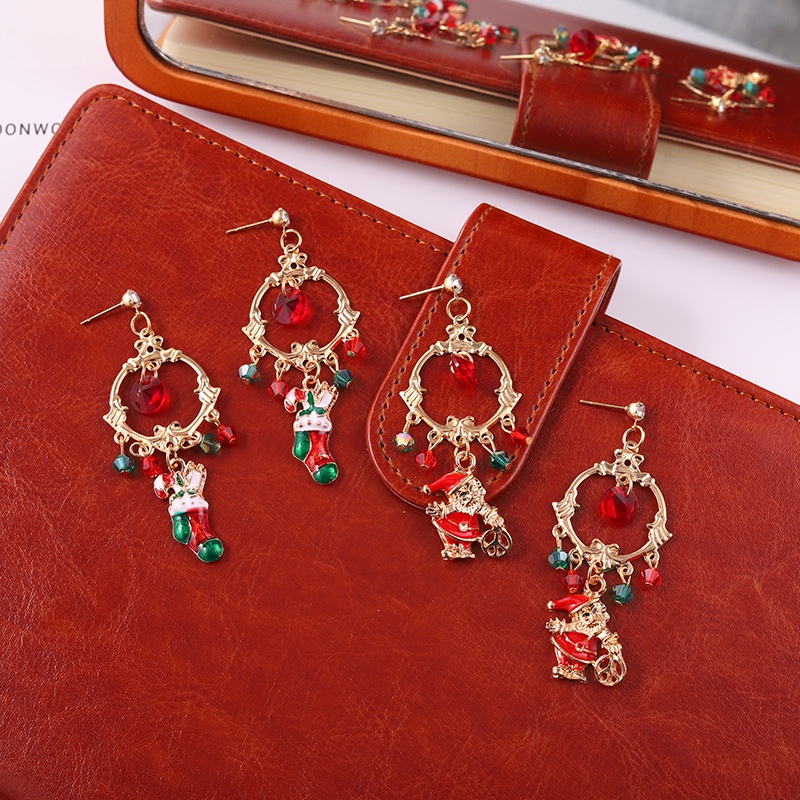 Đôi khuyên tai hình kiểu Giáng sinh đính đá phối tua rua thời trang cho nữ