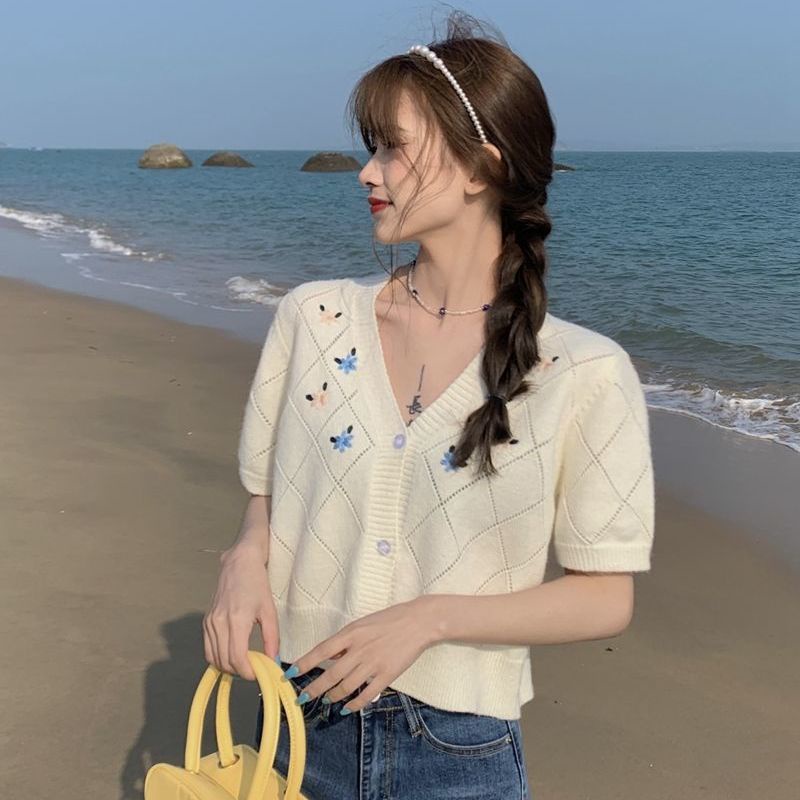 Áo Dệt Kim Tay Ngắn Thêu Họa Tiết Xinh Xắn Thời Trang Mùa Hè Cho Nữ