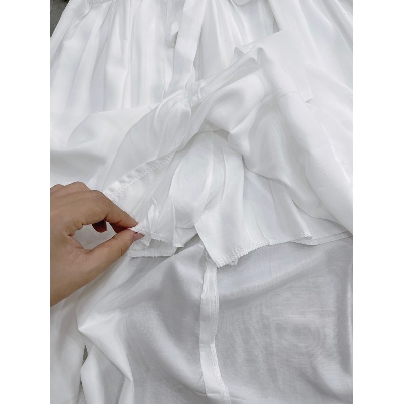 Váy maxi trắng xẻ tà hàn quốc có đai tay bồng nhún eo