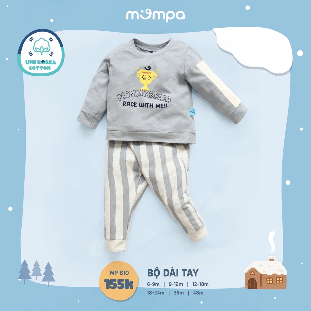 Bộ quần áo dài tay Mompa vải sợi tre co giãn mềm mịn cổ tròn cho bé 6 tháng - 4 tuổi