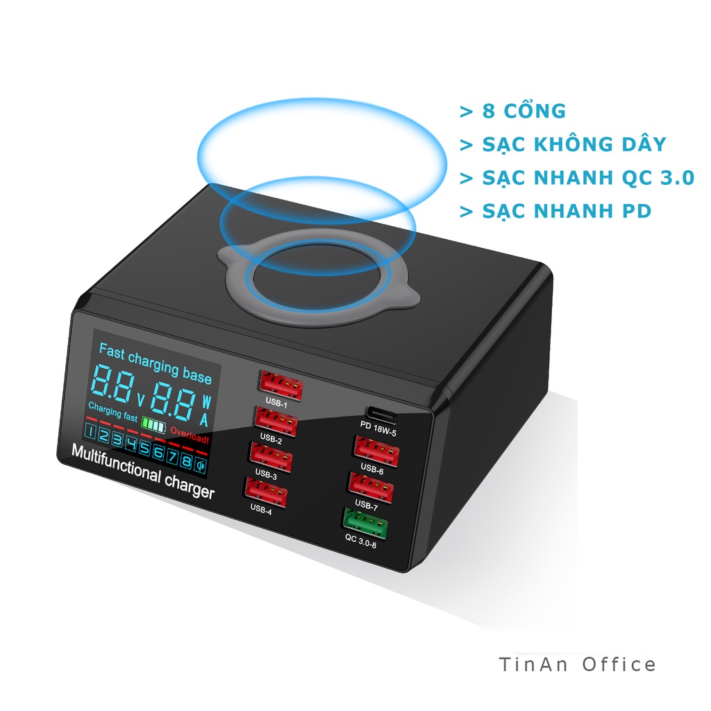 Bộ Sạc Nhanh 8 cổng QC 3.0 PD, Sạc Không Dây Cho Điện Thoại iOS Và Android