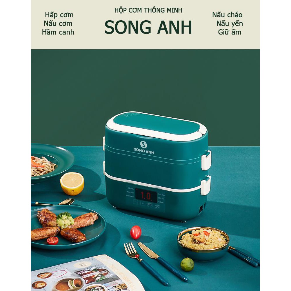 Hộp Cơm Giữ Nhiệt 2 Tầng Ruột Sứ, Hộp cơm Hâm Nóng Cách Thủy Song Anh - Hàng Loại 1 (MÀU XANH)