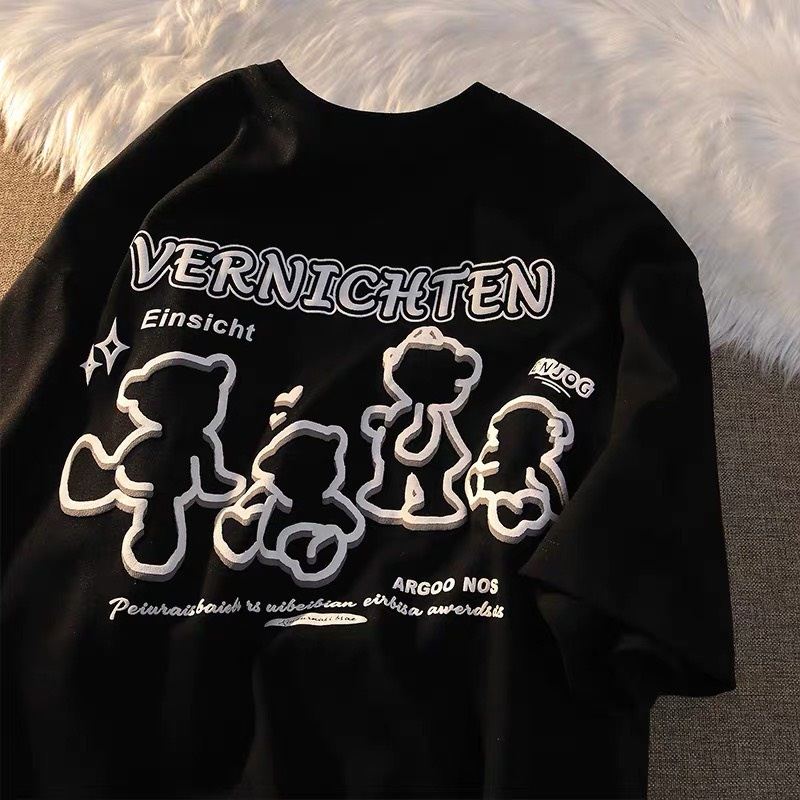 Áo phông nam nữ form rộng 2N Unisex thun cotton in Vernichten gấu trắng/hồng/đen