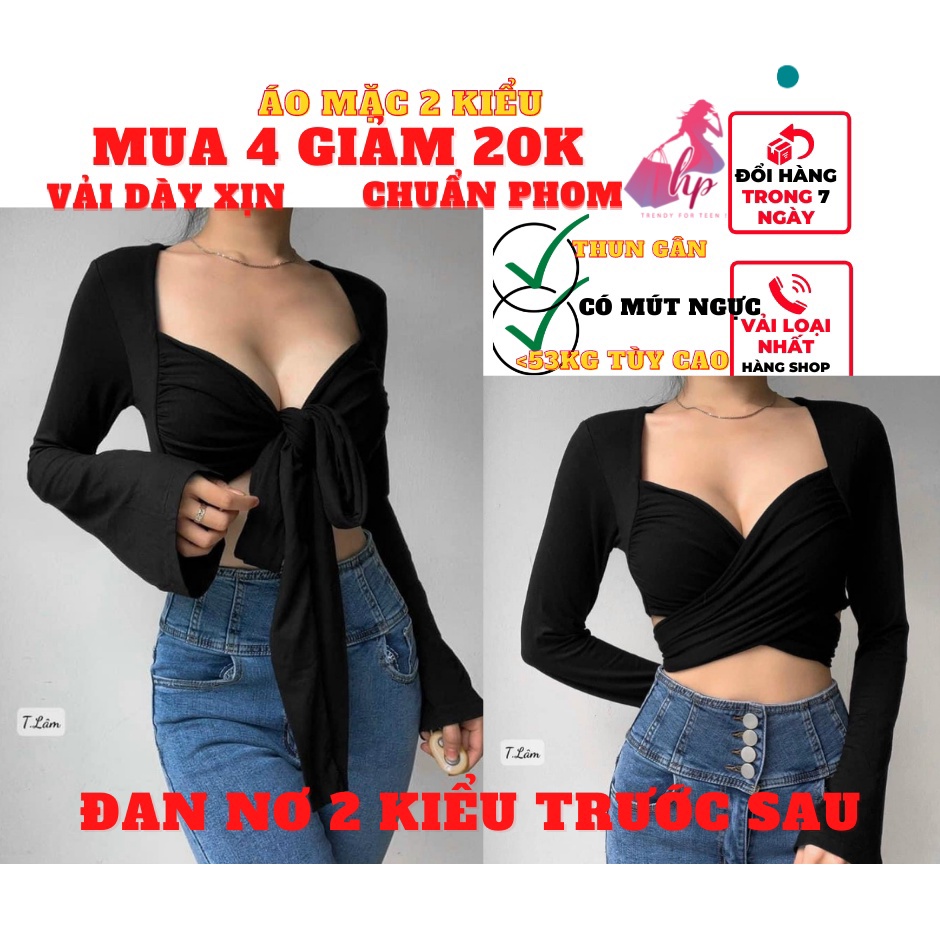 Áo nữ kiểu croptop ôm body tay dài cổ V cột nơ trước sau 2 kiểu phong cách hàn quốc mẫu mới A109