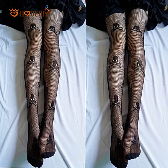 Vớ lưới cổ cao in họa tiết đầu lâu phong cách Halloween thời trang cho nữ