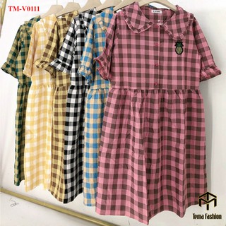 Đầm bigsize MIA - Váy bầu chất cotton mát kẻ caro dáng dài cổ sen siêu xinh