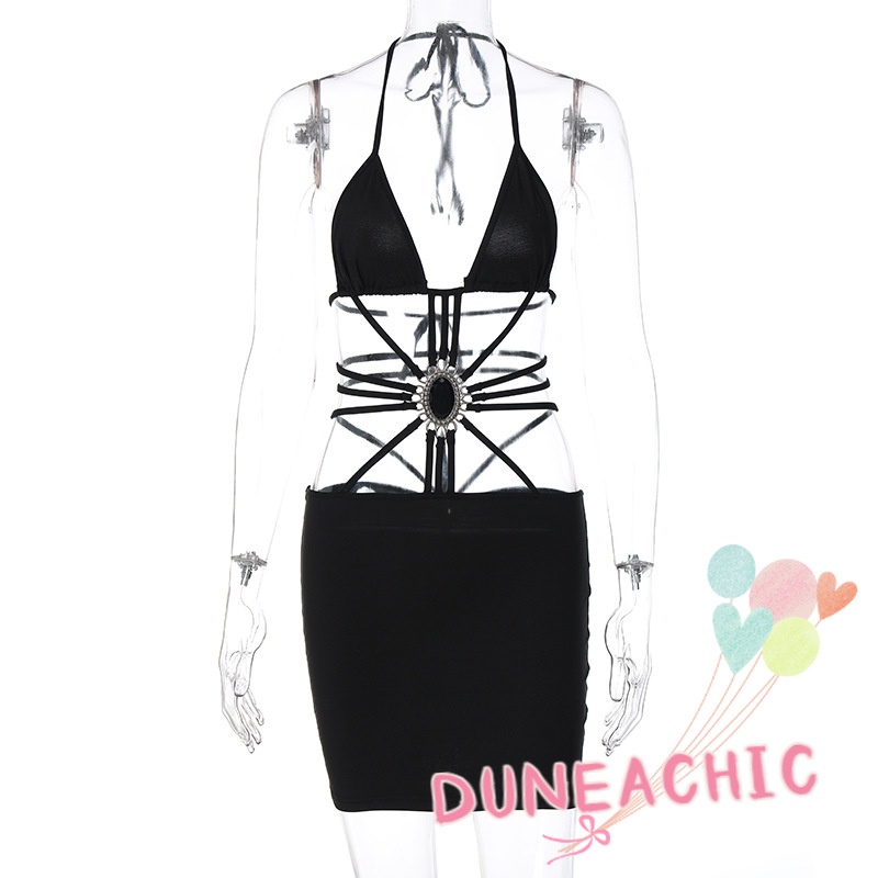 DUNEA Đầm cổ yếm buộc dây hở lưng thời trang quyến rũ dành cho nữ