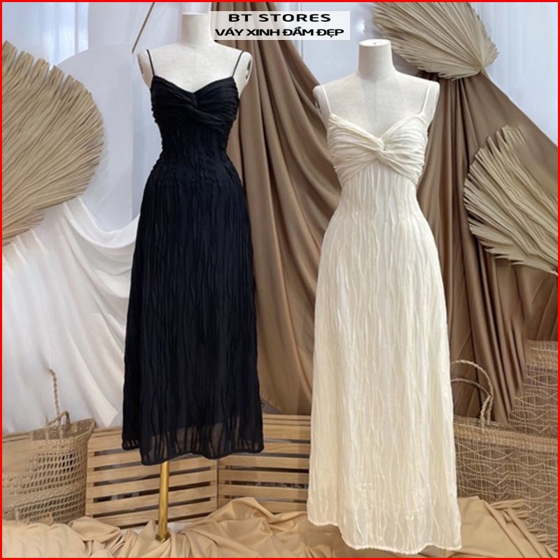 Đầm hai dây xoắn ngực BASIC chất vải thun gợn sóng Candy - BT098