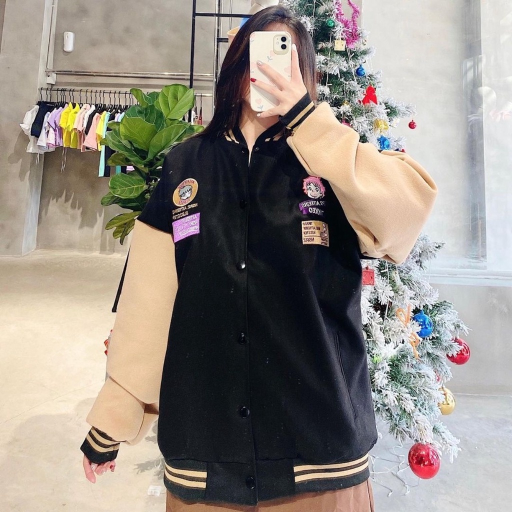 Áo Khoác Bomber TIKKEO Thêu Logo Nổi Phối Nút Bấm Vải Nỉ Lót Dù Form Rộng Ulzzang Unisex