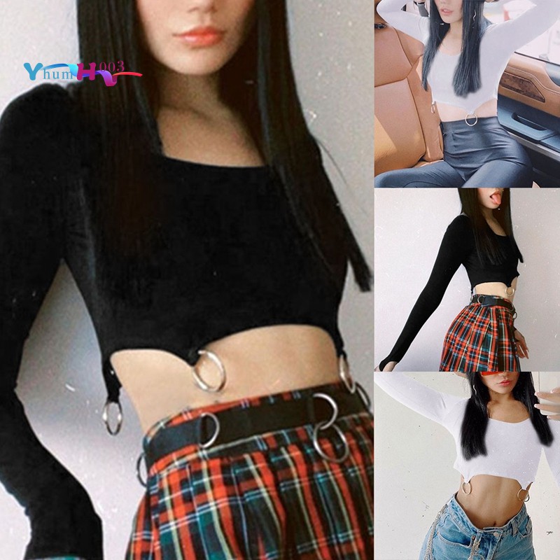 Áo Crop Top Tay Dài Cổ Tròn Phong Cách Vintage Thập Niên 90