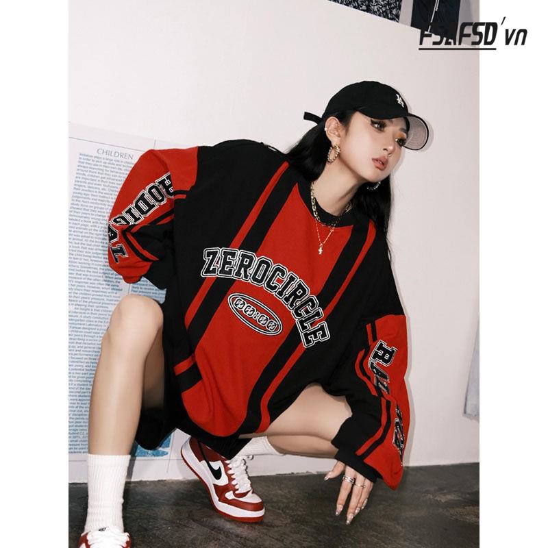 Áo Nỉ Nữ Dài Tay Cổ Tròn Màu Đen / Đỏ Thời Trang Hàn