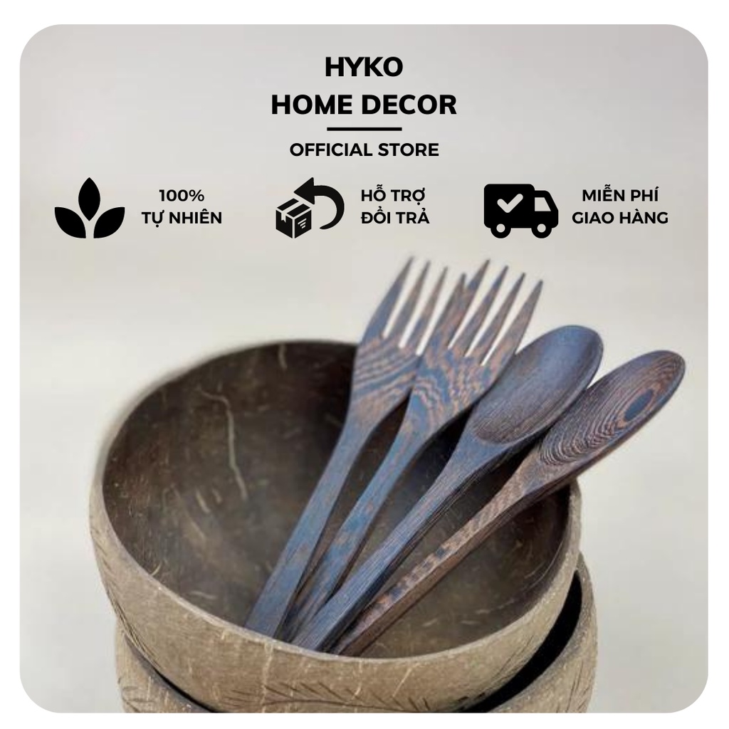 Set muỗng nĩa gỗ mun đuôi công, thìa gỗ, nĩa gỗ tự nhiên không phun sơn