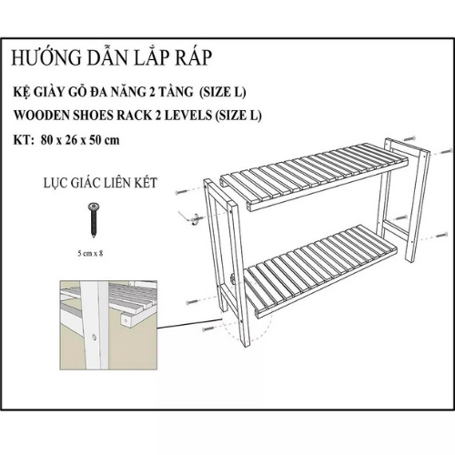 Kệ Dép 2 Tầng Gỗ Thông Cao Cấp - Chắc Chắn, Dễ Dàng Lắp Ráp - Kích Thước:50x26x50cm