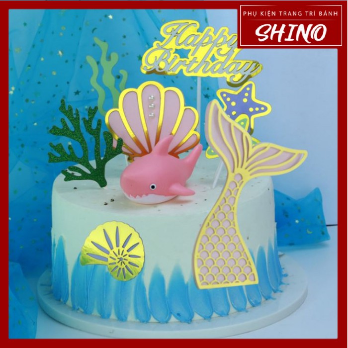 Topper/que cắm đại dương và cá mập trang trí bánh