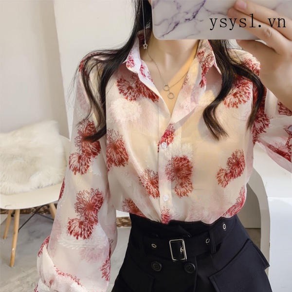 Áo Sơ Mi Chiffon Tay Dài Phồng Dáng Rộng In Họa Tiết Hoa Thời Trang Xuân Hè Mới Cho Nữ