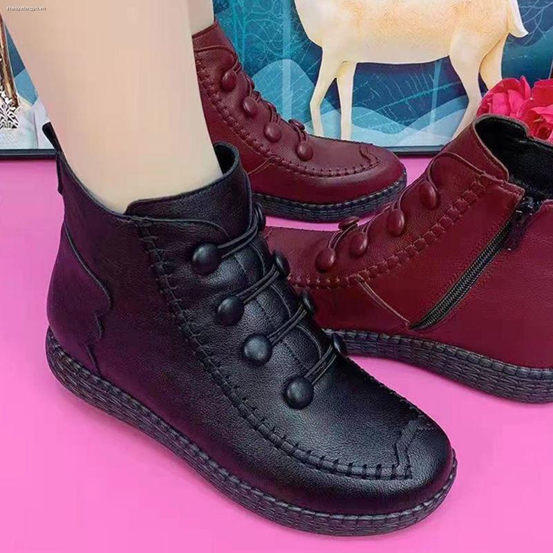Giày boot cổ thấp bằng cotton lót lông cừu dày phong cách mùa đông thời trang cho nữ