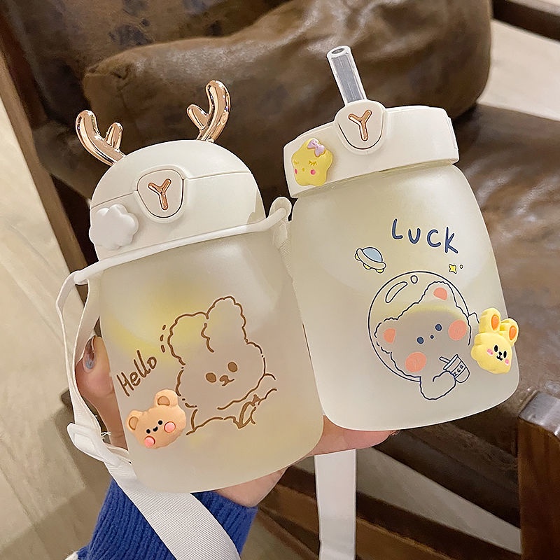 Bình Nước Thủy Tinh Có Ống Hút Dễ Thương Xinh Xắn Dành Cho Người Lớn Và Trẻ Em