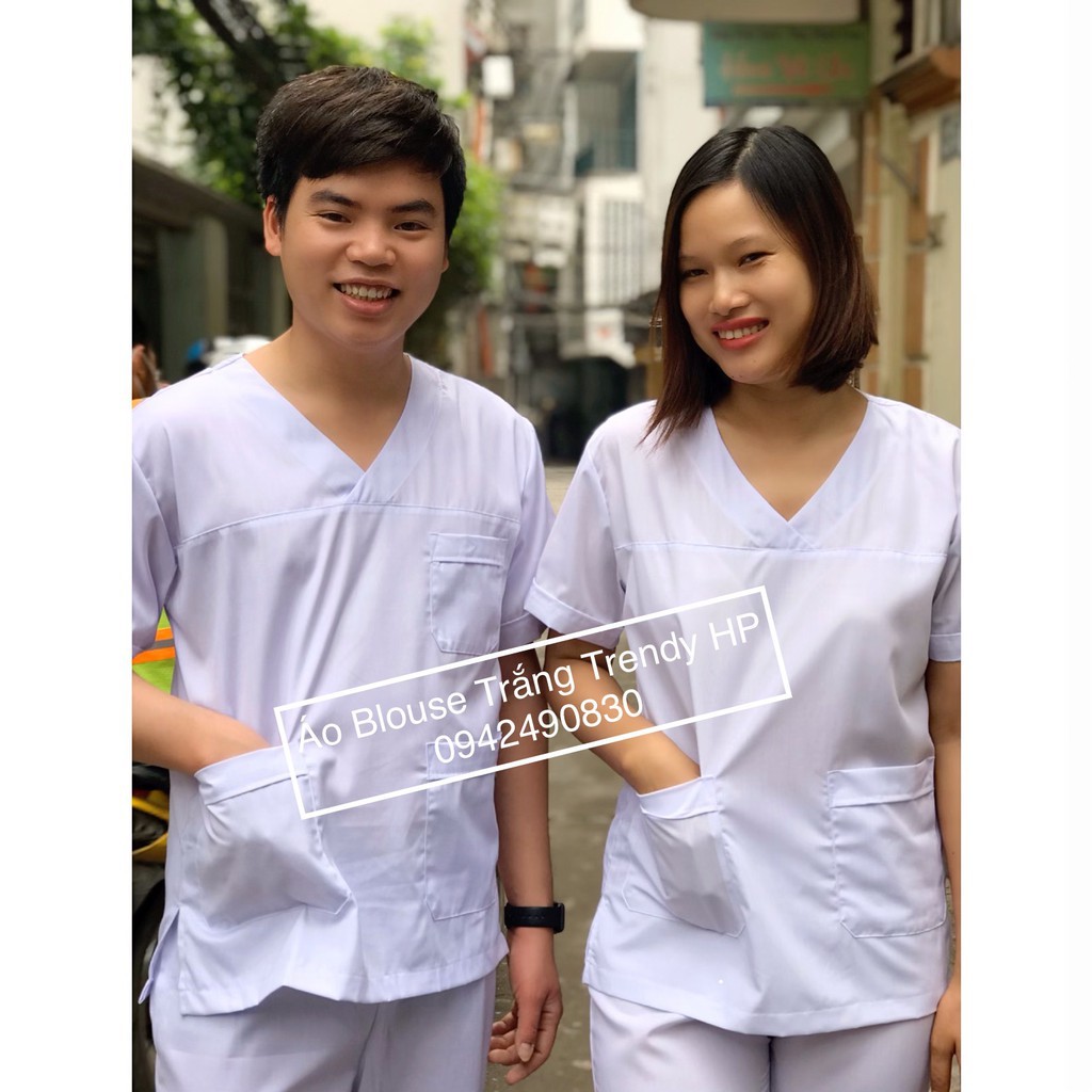 Áo blu cổ tim trắng nam nữ - áo blouse trắng y tá ngắn tay nam nữ cổ chữ v . ,