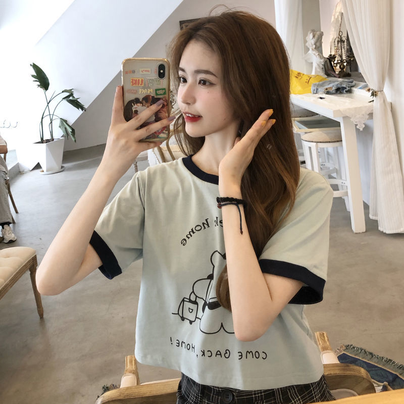 Korean Summer Version 2020 New Cute Round Collar Printed Geometric Student Tshirts Short Sleeve Fashion Top Women