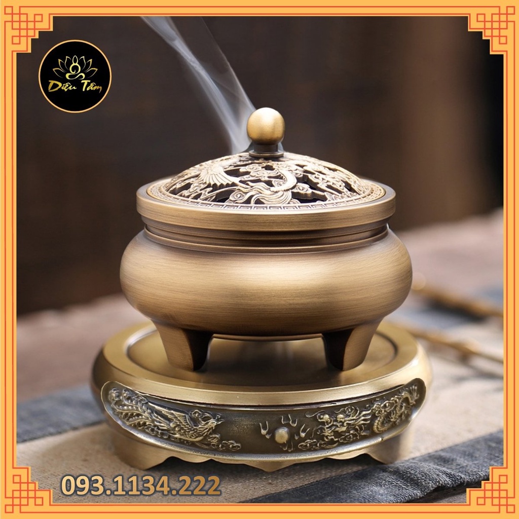 Lư xông trầm hương bộ lư đồng + đế đôn kê lư đồng hình rồng phượng