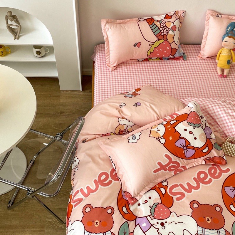 Set Chăn Ga Bạn Mèo Hồng Cotton Poly Siêu Đáng Yêu (Shinbedding_store)