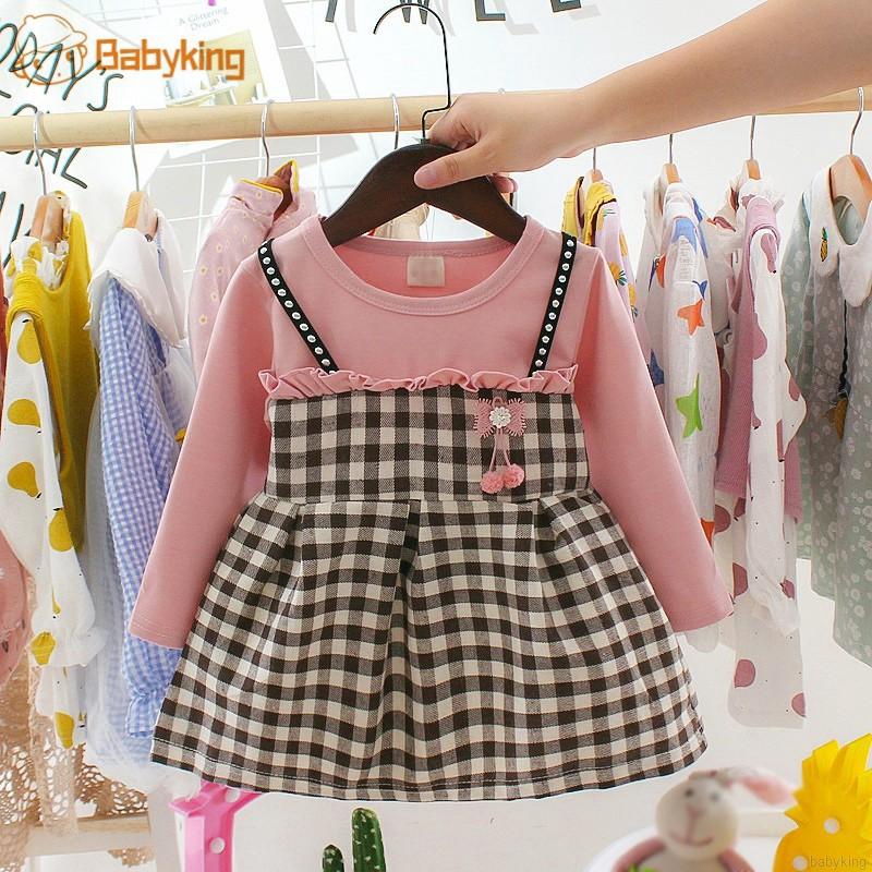 BABYKING--Đầm chữ A tay dài họa tiết sọc ca rô và viền bèo dễ thương cho bé gái