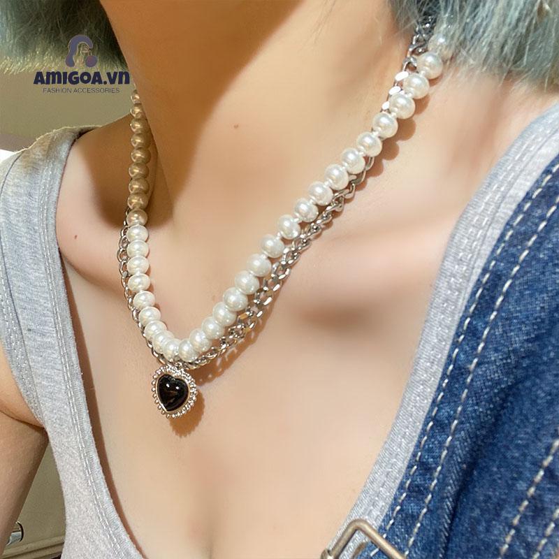 ✨✨Vòng cổ Hai Lớp Mặt Hình Trái Tim Màu Đen Đính Ngọc Trai Phong Cách Hip Hop Cổ Điển Thời Trang Cho Nữ