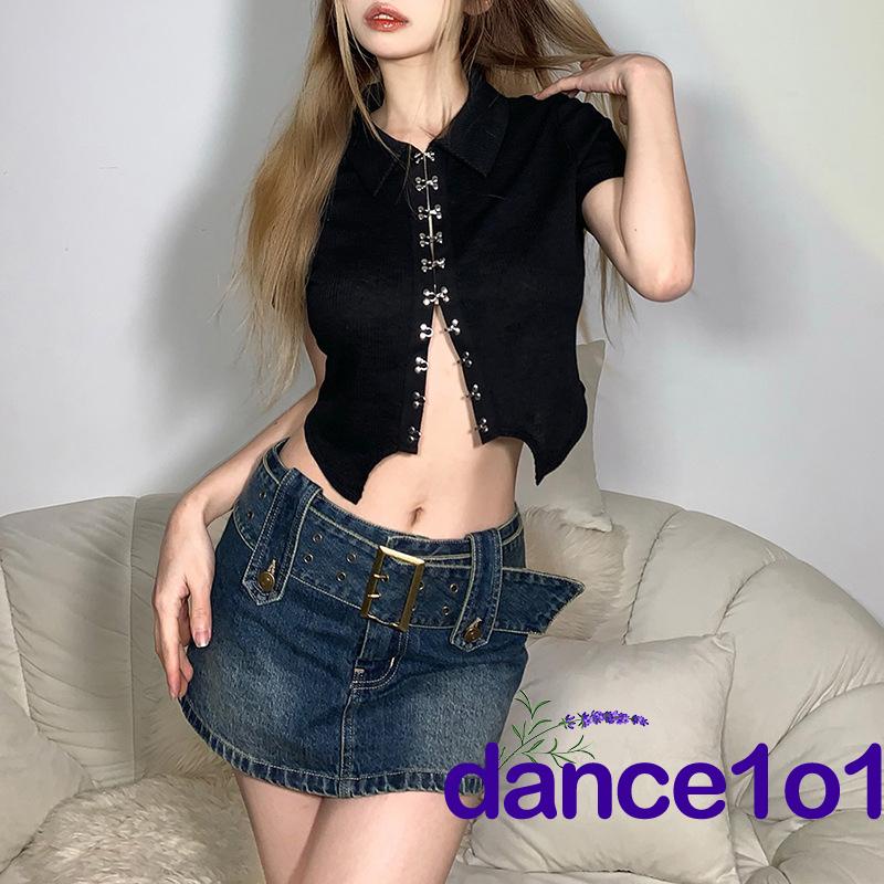 ✣XB❥Women Short Sleeve Turn-down Collar Buckled Irregular Hem Summer Top